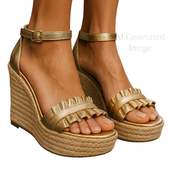 Michael Kors BELLA Gold Metallic Leather Ruffle Jute Platforms Sandals Sz 9 M 39 - Picture 1 of 12